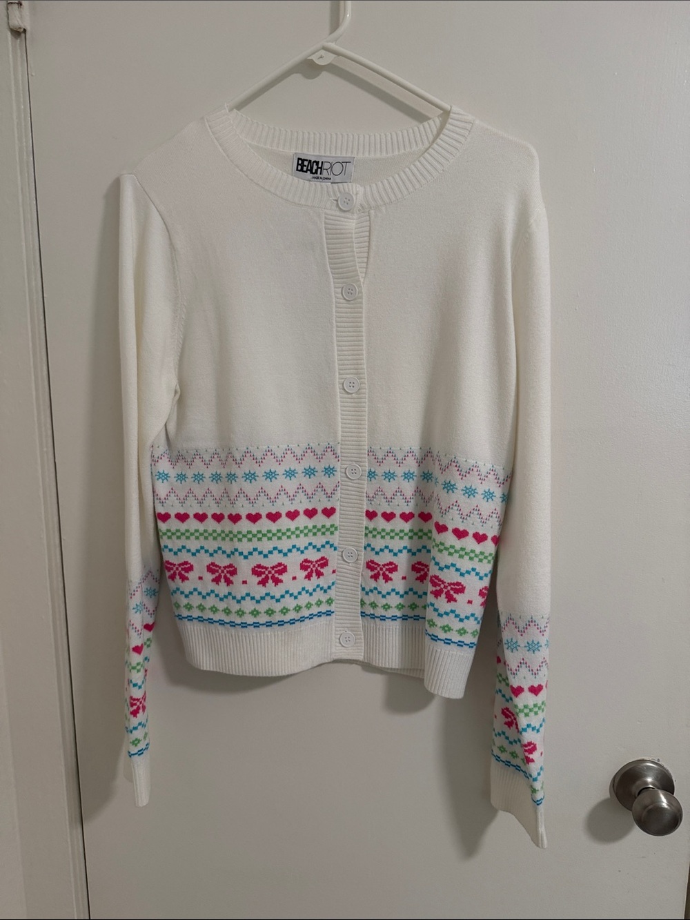 Anthropologie x Beach Riot Fair Isle Cardigan Ally Bow Knit Sweater Large L